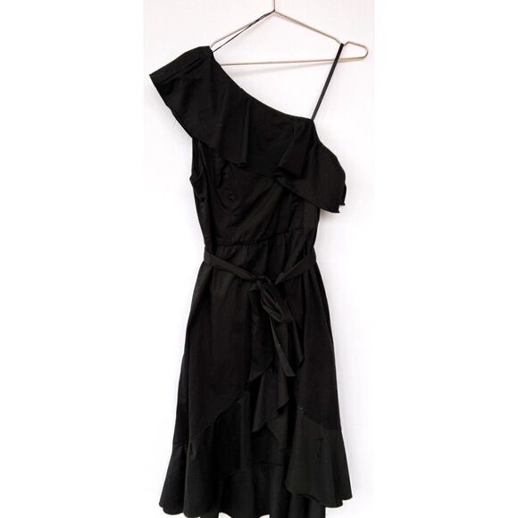 NWOT Adrianna Papell Black One Shoulder Tie Waist Ruffle High Low Hem Midi Dress - Picture 3 of 10